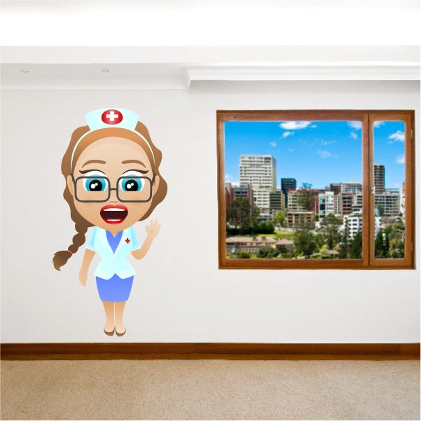 Cartoon nurse sticker waving, red-cross cap, glasses, blue scrubs
