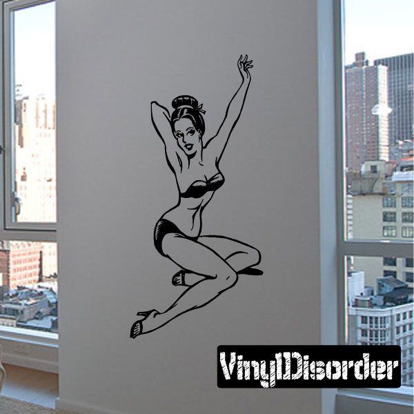 Black pinup woman bikini decal, arm raised waving pose