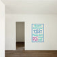Square wall decal with blue border and colorful text: “Please don’t pee in our pool”