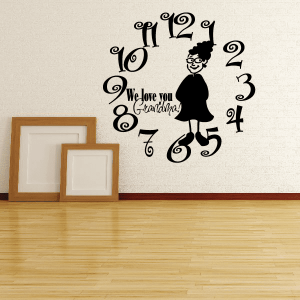 Clock face wall decal: grandma silhouette, swirling numbers, 'We love you Grandma'