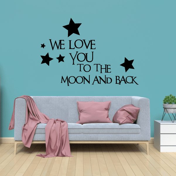 Love you to the moon and back wall decal with black stars and lettering