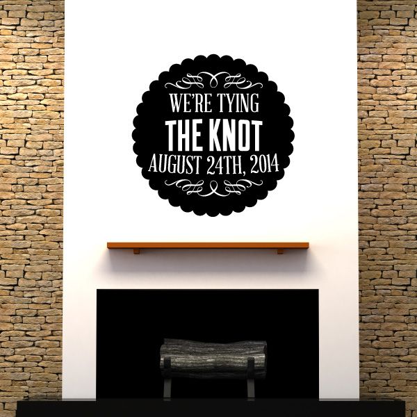 Wedding decal: black scalloped circle with white knot text and August 24th, 2014