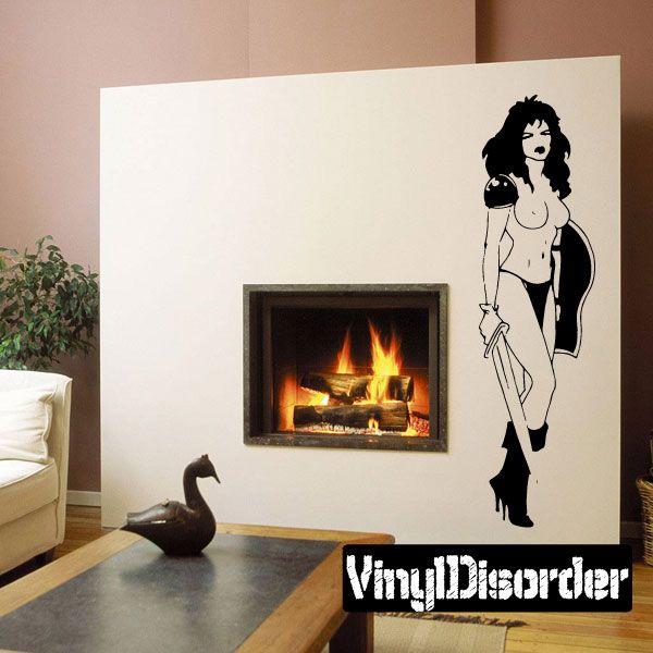 Warrior woman vinyl decal, black silhouette standing with sword and boots