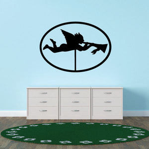 Angel weather vane wall decal: black circular frame with angel silhouette and arrows.