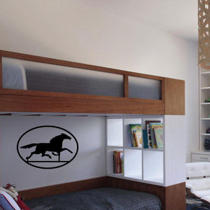 Horse silhouette weather vane wall decal in a black oval
