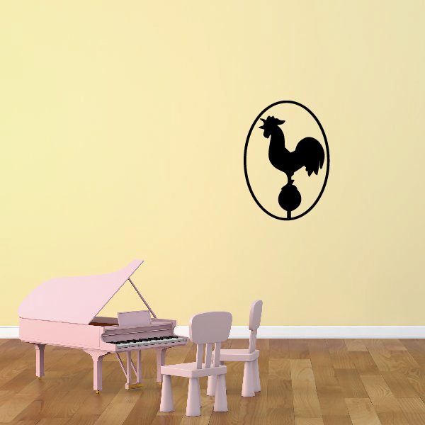 Rooster weather vane decal with black rooster silhouette in an oval frame