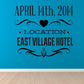 Vinyl wedding address wall decal with date, location text, hearts, and scroll accents