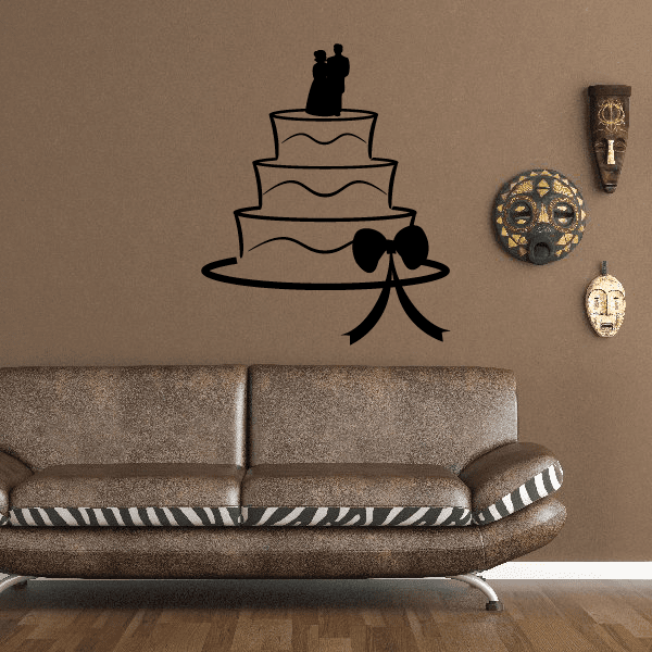 Wedding cake topper wall decal with bride and groom silhouettes and bow