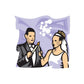 Wedding couple candle-lighting sticker: dark suit groom with candle; bride in white dress, candle