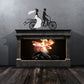 Wedding couple on bicycle vinyl wall decal, bride in white dress and groom black silhouette