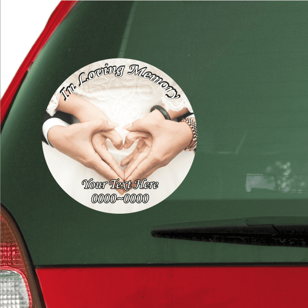 Round memorial car sticker with two hands graphic and curved text around top
