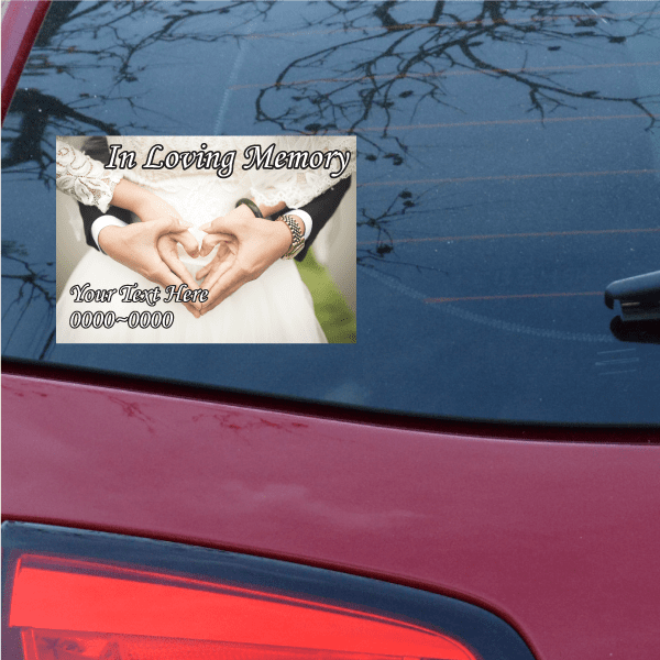 Memorial sticker with clasped hands and "In Loving Memory" text