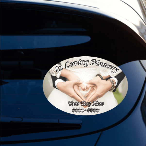 Oval car decal sticker with hands in loving memory text and custom text line
