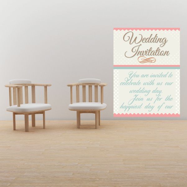 Wedding invitation sticker with script text and pink border