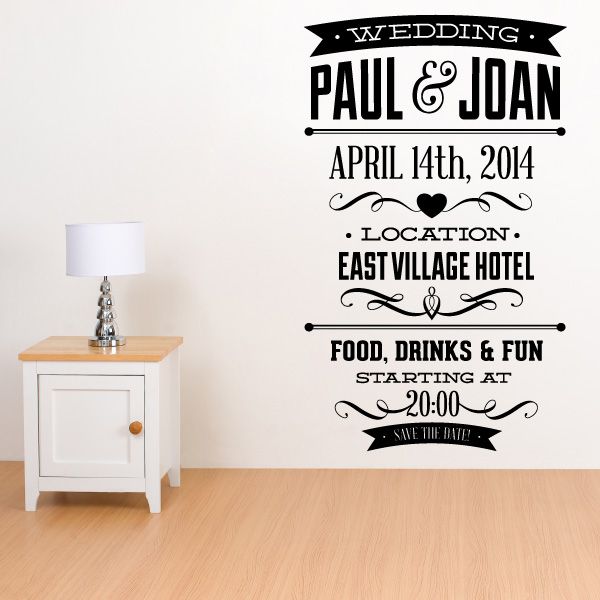 Wedding quote wall decal with banner, PAUL & JOHN, date, location, and decorative swirls