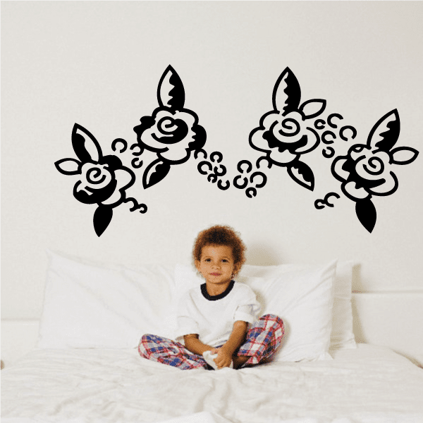 Black floral wall decal with roses and scrollwork