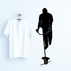 Weed wacker decal with dark silhouette holding string trimmer