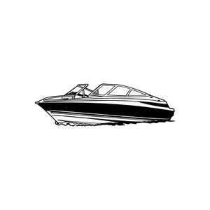 Black and white speedboat decal with striped hull and cabin