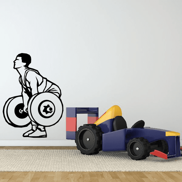 Weight lifting wall decal with black silhouette of lifter holding a barbell
