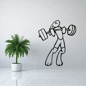 Cartoon rabbit deadlifting weights decal, black line art on light surface