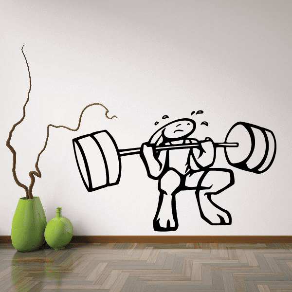 Cartoon rabbit weightlifting wall decal with dumbbells and sweat lines
