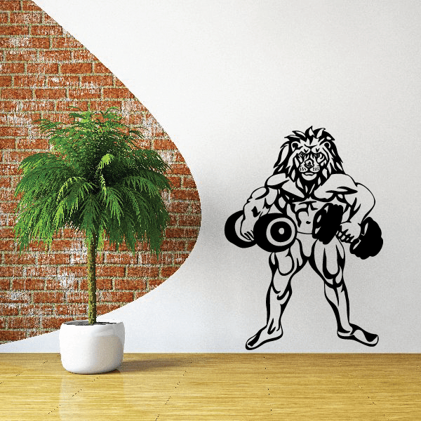 Muscular lion carrying dumbbells wall decal, black outline with bold facial details