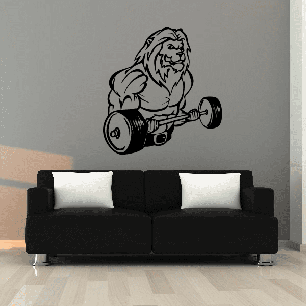 Lion weightlifter wall decal with dumbbell bar, black outline on light background