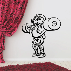 Hippo lifting weights wall decal, bold black line art with large weight plates.