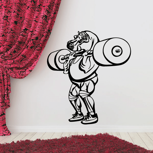 Hippo lifting weights wall decal, bold black line art with large weight plates.