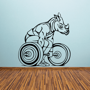 Muscular rhino lifting weights decal, black line art on light background