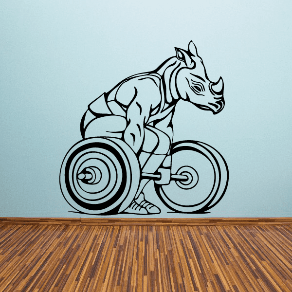 Muscular rhino lifting weights decal, black line art on light background