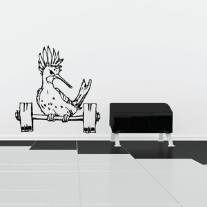 Dumbbell wall decal with exotic bird perched on a barbell, black outline art