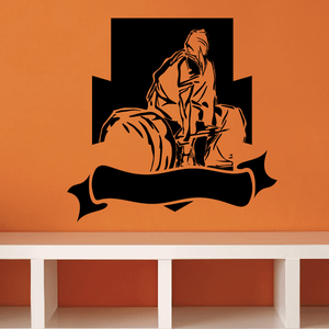 Weight lifting banner decal with a muscular figure holding a barbell, orange outline