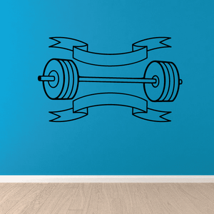 Ribbon weight set decal with two horizontal weights and curled banner tails, blue/black outline
