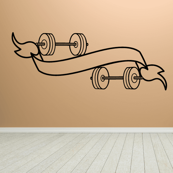 Weight lift ribbon banner decal with cartoon dumbbells and winged ribbon