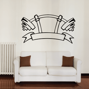 Curved squat stand banner decal wall graphic with arched center and flanking hand shapes