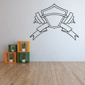 Shield banner wall decal with ribbon accents, black outline