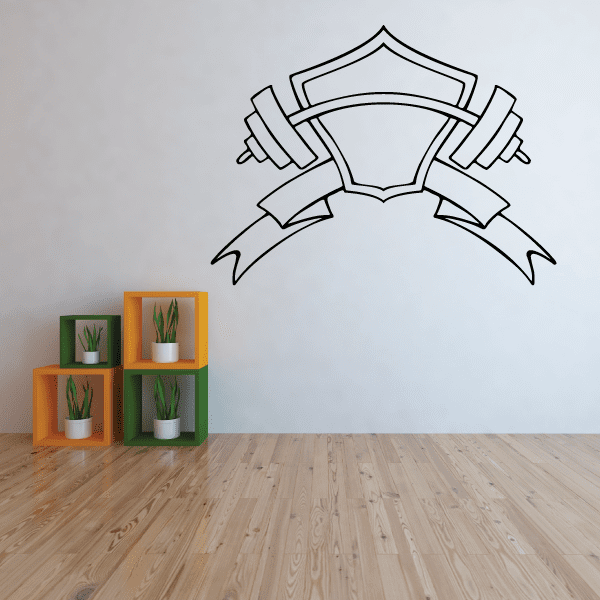 Shield banner wall decal with ribbon accents, black outline