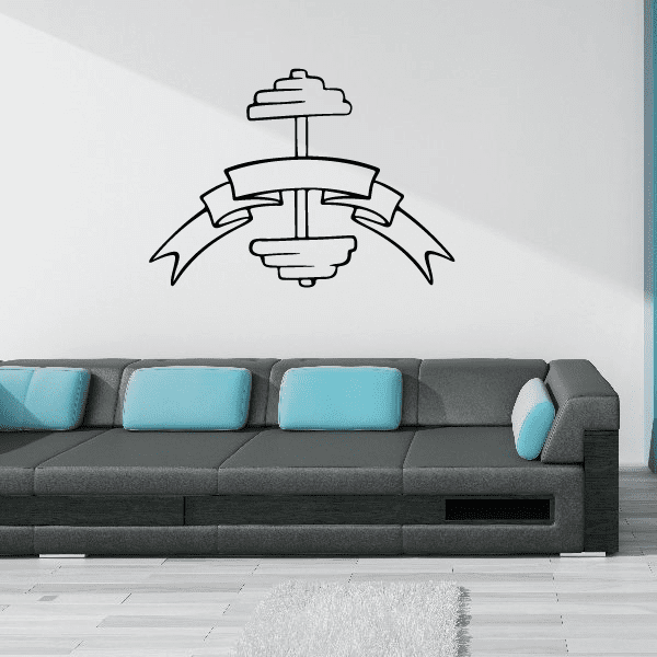 Vertical dumbbell decal wrapped with banner ribbon, black outline