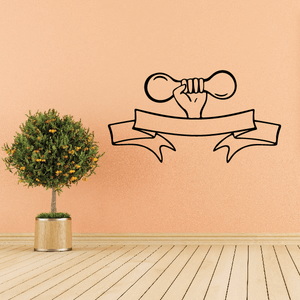 Hand holding dumbbell over ribbon banner decal, black outline gym icon