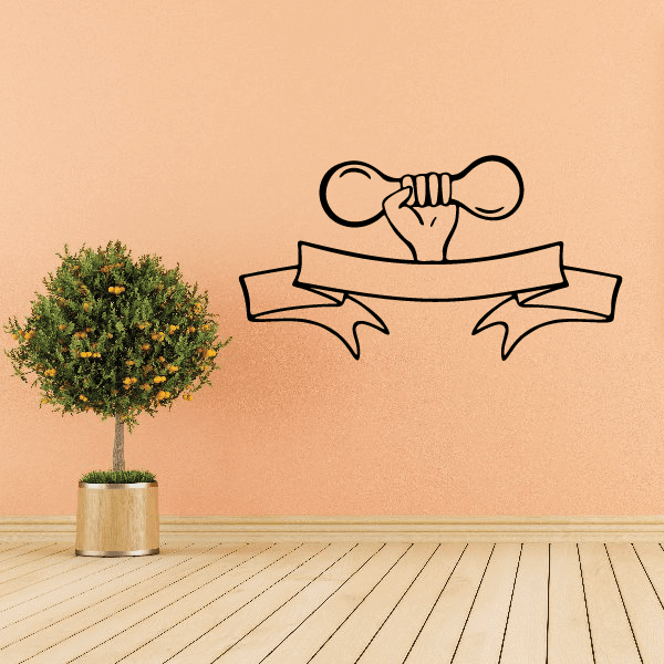 Hand holding dumbbell over ribbon banner decal, black outline gym icon