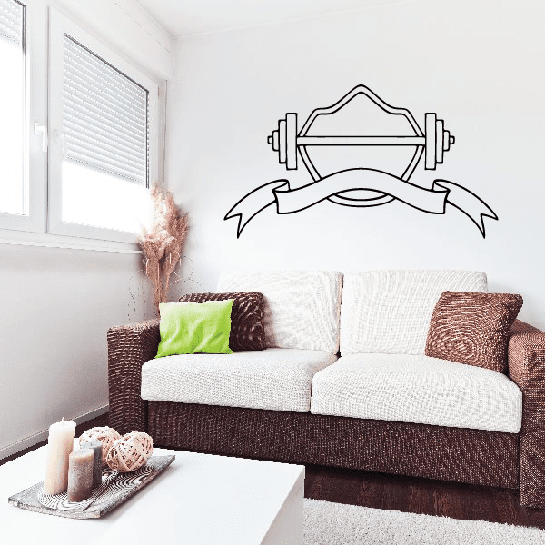 Shield banner ribbon wall decal with black outlined weight set icon