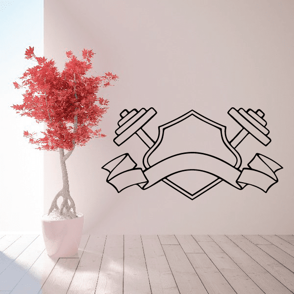 Dumbbell shield ribbon banner wall decal, black line art outline