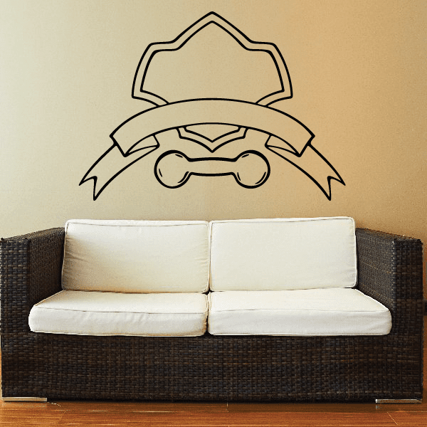 Crest and ribbon dumbbell wall decal with outlined banner design