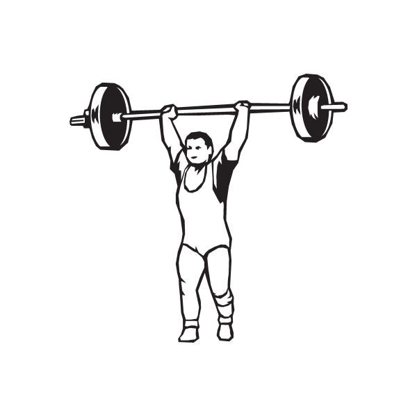Gym wall decal of a man holding a barbell overhead in a deadlift pose