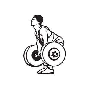 Weightlifting deadlift man decal with barbell, black outline on white