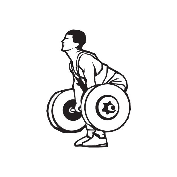 Weightlifting deadlift man decal with barbell, black outline on white