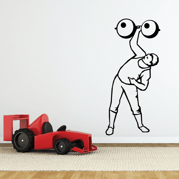 Weightlifting standing decal with cartoon figure lifting a barbell using one arm
