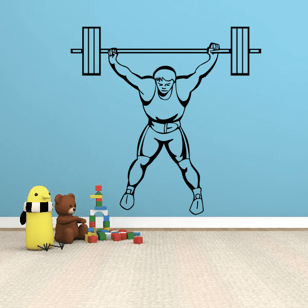 Weight lifting wall decal showing a muscular athlete holding an overhead barbell