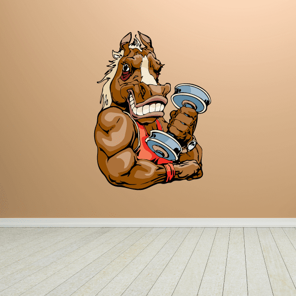 Weight lifting wall decal sticker with cartoon dog holding a blue dumbbell